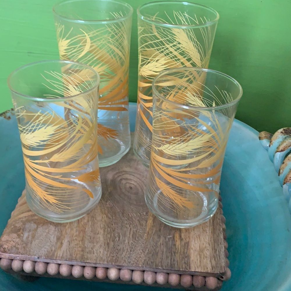 Vintage Libbey Golden Wheat Glasses Set of 4 MCM Tumbler Ice Tea Water 5" 6.5"